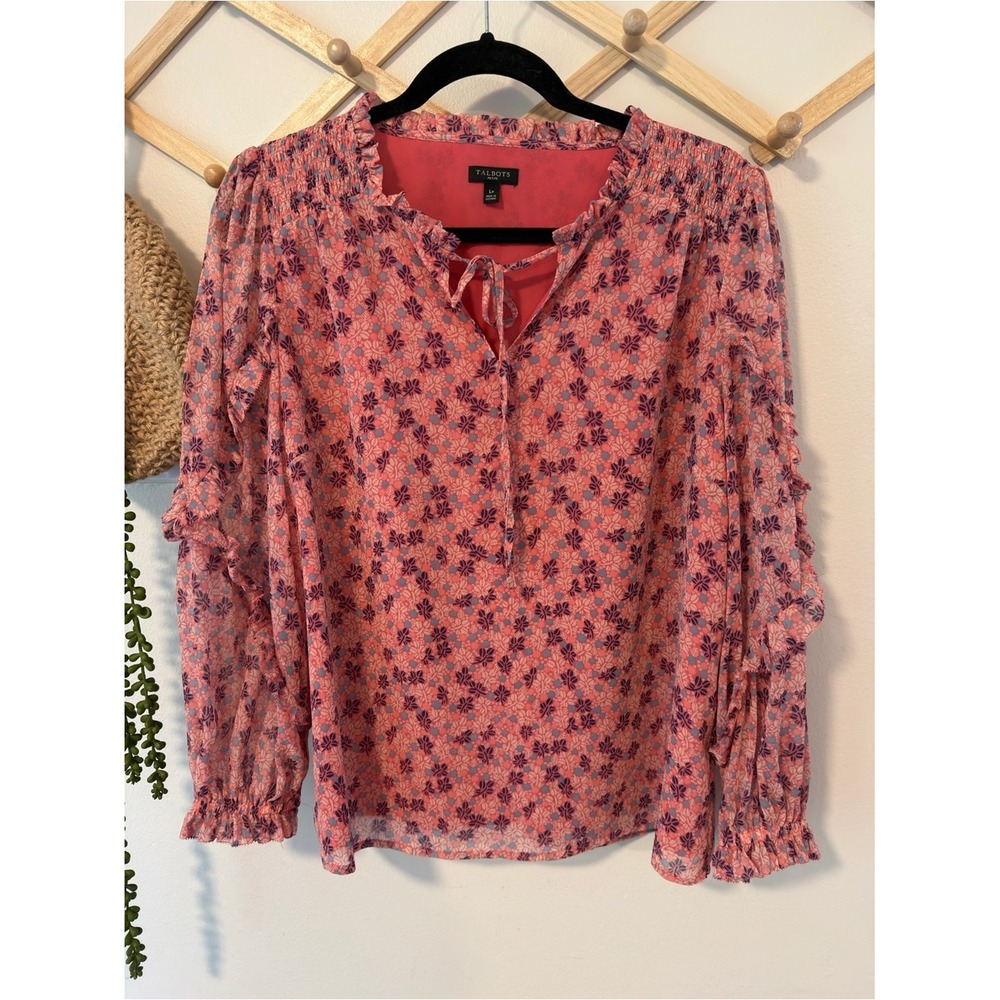 Talbots Floral Ruffle Sleeve Blouse LP Pink Tie Neck Top - Picture 2 of 7